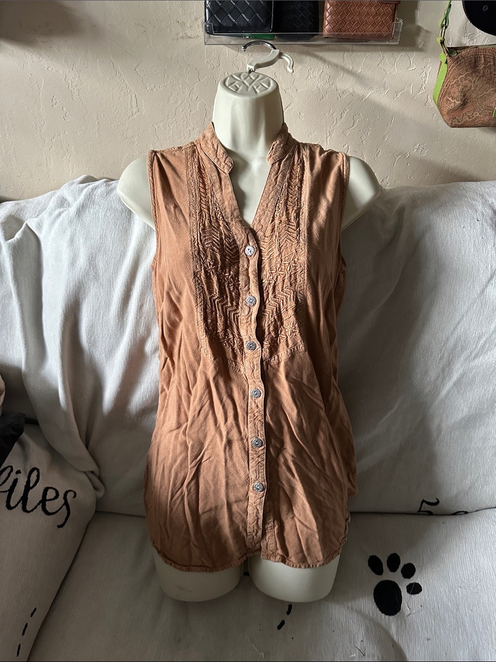 Back in the saddle small brown sleeveless button down shirt